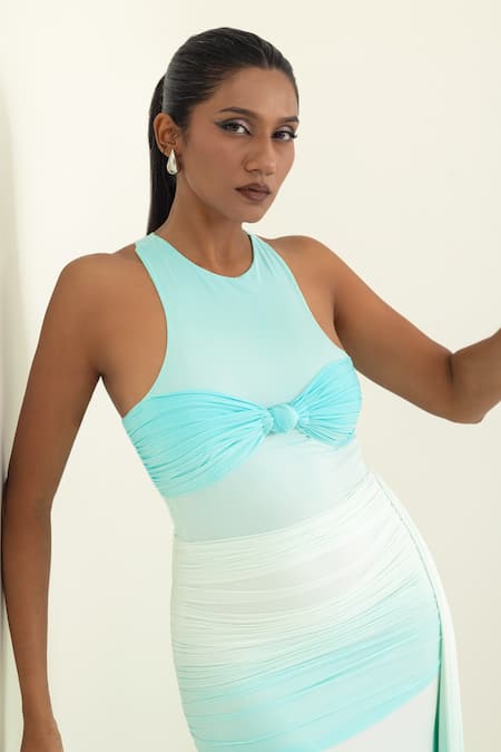 Pinup By Astha Blue Lycra Round Neck Side Drape Ombre Ruched Gown at Aza Fashions Pinup By Astha_Blue Lycra Round Neck Side Drape Ombre Ruched Gown _at_Aza_Fashions