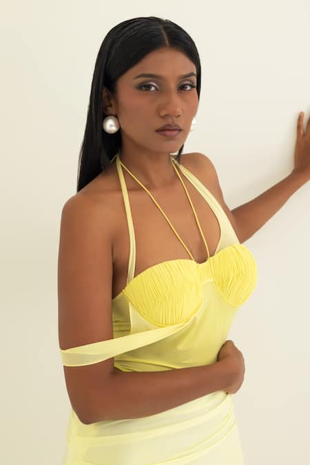 Buy_Pinup By Astha_Yellow Lycra Pom-poms Halter Neck Ruched Bust Cut-out Gown _Online_at_Aza_Fashions