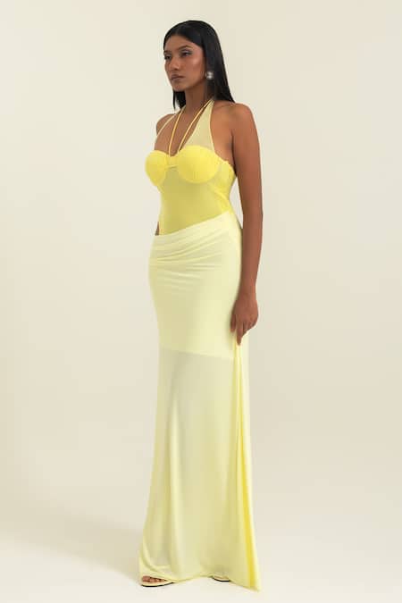 Buy_Pinup By Astha_Yellow Lycra Pom-poms Halter Neck Ruched Bust Cut-out Gown 