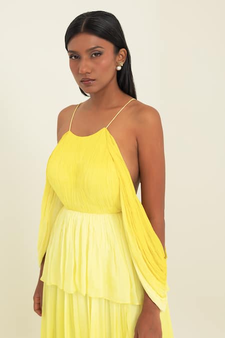 Pinup By Astha_Yellow Chiffon Halter Neck Ombre Tiered Gown  _Online_at_Aza_Fashions