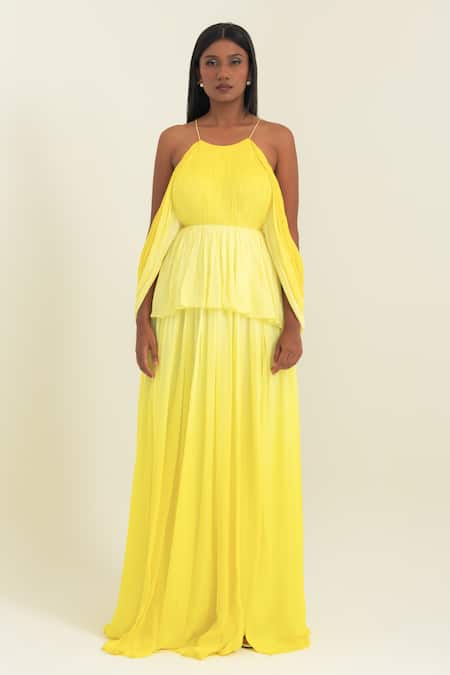 Buy_Pinup By Astha_Yellow Chiffon Halter Neck Ombre Tiered Gown  _Online_at_Aza_Fashions