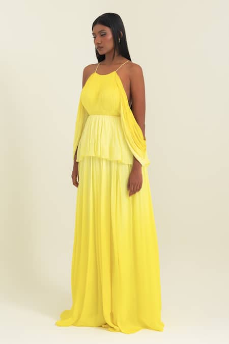 Pinup By Astha_Yellow Chiffon Halter Neck Ombre Tiered Gown  _at_Aza_Fashions
