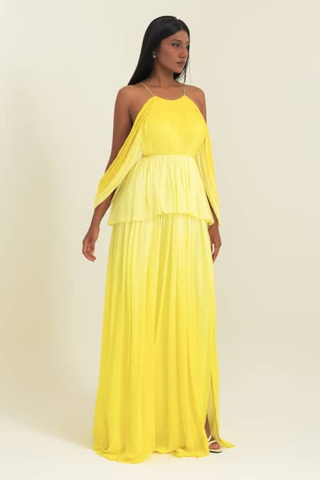 Buy_Pinup By Astha_Yellow Chiffon Halter Neck Ombre Tiered Gown  