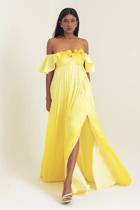 Pinup By Astha Off-Shoulder Ruffled Pleated Gown 