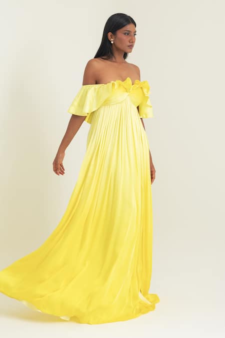 Buy_Pinup By Astha_Yellow Satin, Georgette Off-shoulder Ruffled Pleated Gown _Online_at_Aza_Fashions
