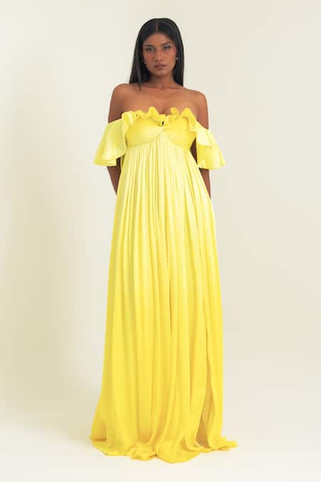Shop_Pinup By Astha_Yellow Satin, Georgette Off-shoulder Ruffled Pleated Gown _Online_at_Aza_Fashions