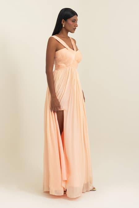 Pinup By Astha_Peach Chiffon Sweetheart Neck Draped Flat Gown _Online_at_Aza_Fashions