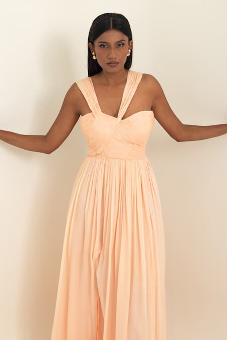 Buy_Pinup By Astha_Peach Chiffon Sweetheart Neck Draped Flat Gown _Online_at_Aza_Fashions