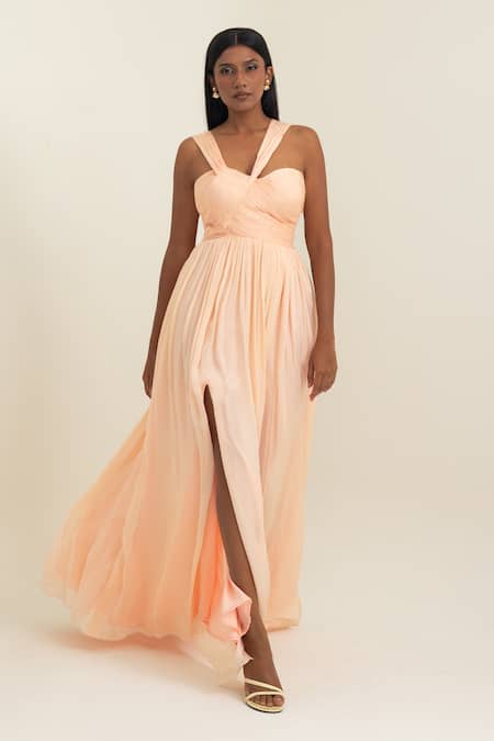Pinup By Astha_Peach Chiffon Sweetheart Neck Draped Flat Gown _at_Aza_Fashions