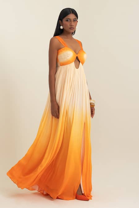 Pinup By Astha_Orange Chiffon Sweetheart Neck Ombre Cutout Gown  _Online_at_Aza_Fashions