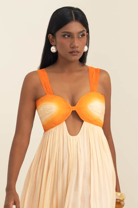 Buy_Pinup By Astha_Orange Chiffon Sweetheart Neck Ombre Cutout Gown  _Online_at_Aza_Fashions