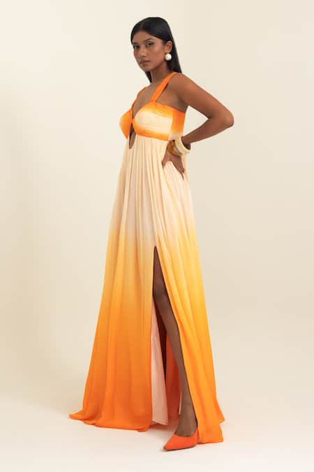 Shop_Pinup By Astha_Orange Chiffon Sweetheart Neck Ombre Cutout Gown  _Online_at_Aza_Fashions