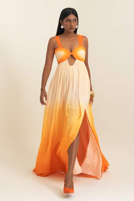 Pinup By Astha_Orange Chiffon Sweetheart Neck Ombre Cutout Gown  _at_Aza_Fashions