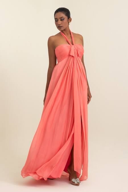 Pinup By Astha_Peach Chiffon Halter Neck Ruched And Draped Gown _Online_at_Aza_Fashions