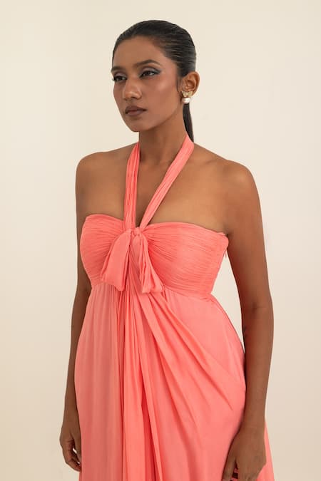 Buy_Pinup By Astha_Peach Chiffon Halter Neck Ruched And Draped Gown _Online_at_Aza_Fashions