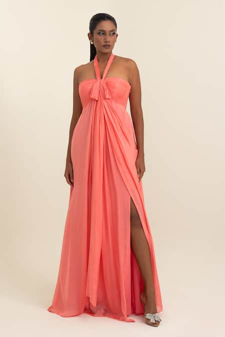 Pinup By Astha Halter Neck Ruched & Draped Gown 