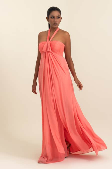 Shop_Pinup By Astha_Peach Chiffon Halter Neck Ruched And Draped Gown _Online_at_Aza_Fashions