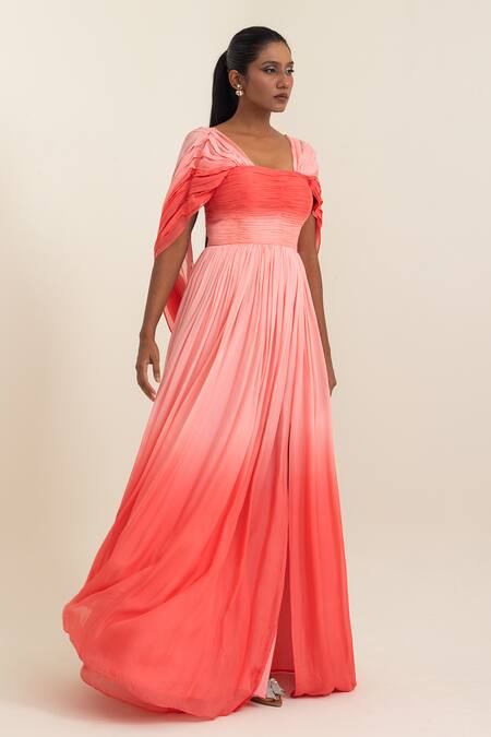 Pinup By Astha_Peach Chiffon Square Neck Ombre Ruched Gown  _Online_at_Aza_Fashions
