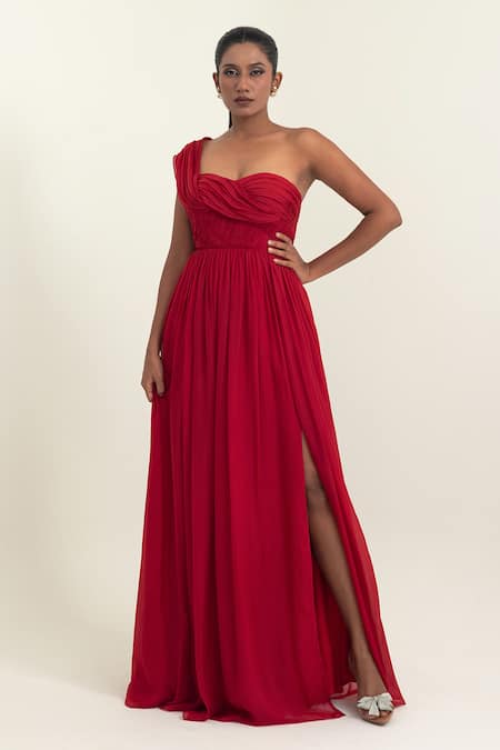 Pinup By Astha Draped One-Shoulder Chiffon Gown 