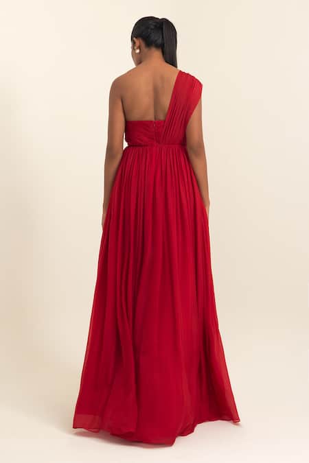 Pinup By Astha Draped One-Shoulder Chiffon Gown 