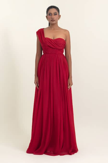 Buy_Pinup By Astha_Red Chiffon One Shoulder, Sweetheart Neck Draped Gown _Online_at_Aza_Fashions