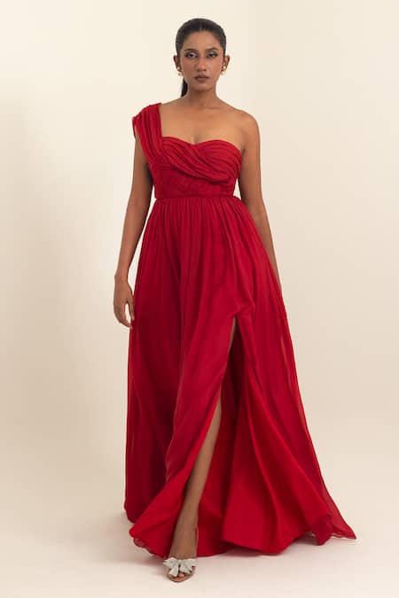 Shop_Pinup By Astha_Red Chiffon One Shoulder, Sweetheart Neck Draped Gown _Online_at_Aza_Fashions