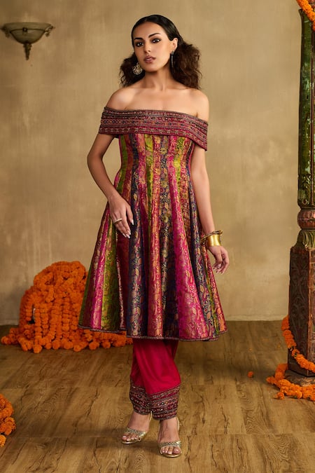 Buy_Reeti Arneja_Multi Color Handloom Cotton, Silk Beads, Metallic Thread Rang Raas Woven Dress _Online_at_Aza_Fashions