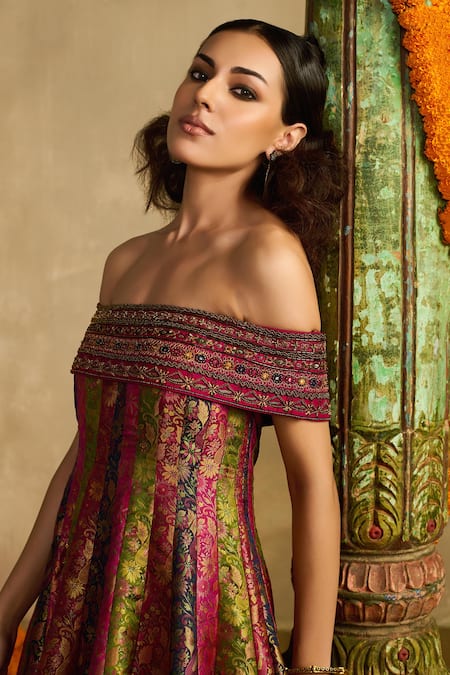 Shop_Reeti Arneja_Multi Color Handloom Cotton, Silk Beads, Metallic Thread Rang Raas Woven Dress _Online_at_Aza_Fashions
