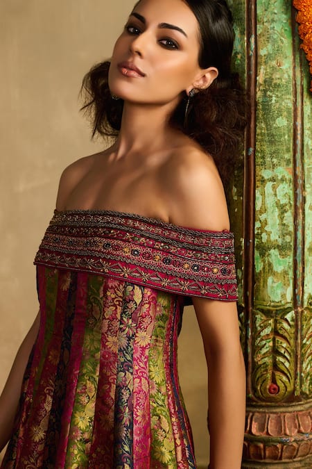 Reeti Arneja_Multi Color Handloom Cotton, Silk Beads, Metallic Thread Rang Raas Woven Dress _at_Aza_Fashions