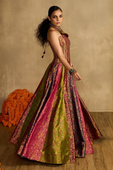 Reeti Arneja Gulaabi Haryali Brocade Corset With Panelled Lehenga 