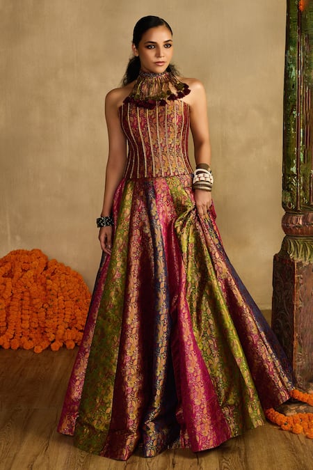 Reeti Arneja_Multi Color Handloom Gulaabi Haryali Brocade Corset With Panelled Lehenga _Online_at_Aza_Fashions