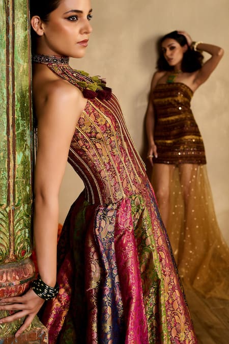 Buy_Reeti Arneja_Multi Color Handloom Gulaabi Haryali Brocade Corset With Panelled Lehenga _Online_at_Aza_Fashions