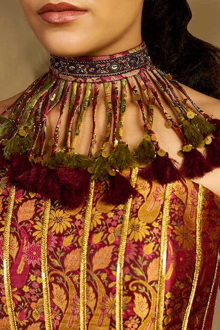 Shop_Reeti Arneja_Multi Color Handloom Gulaabi Haryali Brocade Corset With Panelled Lehenga _Online_at_Aza_Fashions