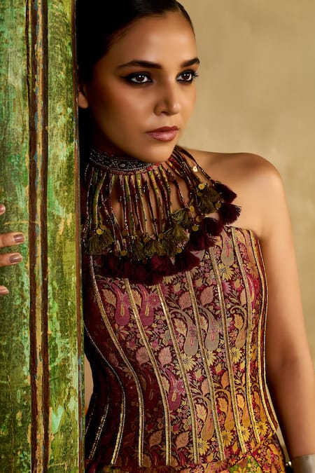 Reeti Arneja_Multi Color Handloom Gulaabi Haryali Brocade Corset With Panelled Lehenga _at_Aza_Fashions