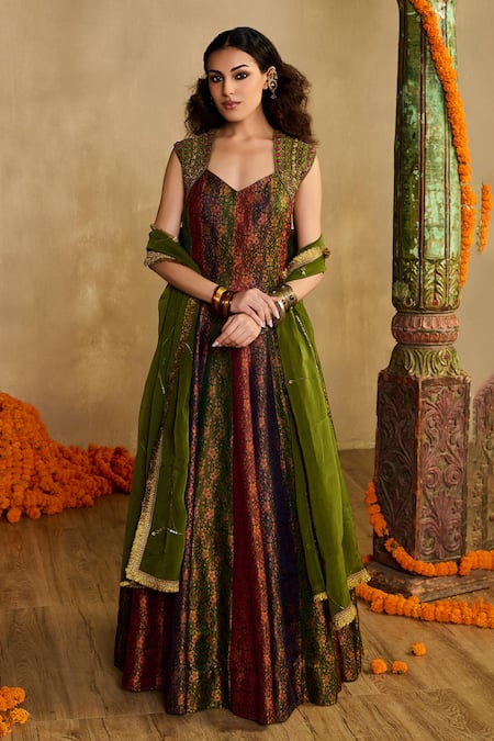 Reeti Arneja Green Handloom Cotton, Silk, Organza Banjaran Floral Woven Anarkali With Dupatta