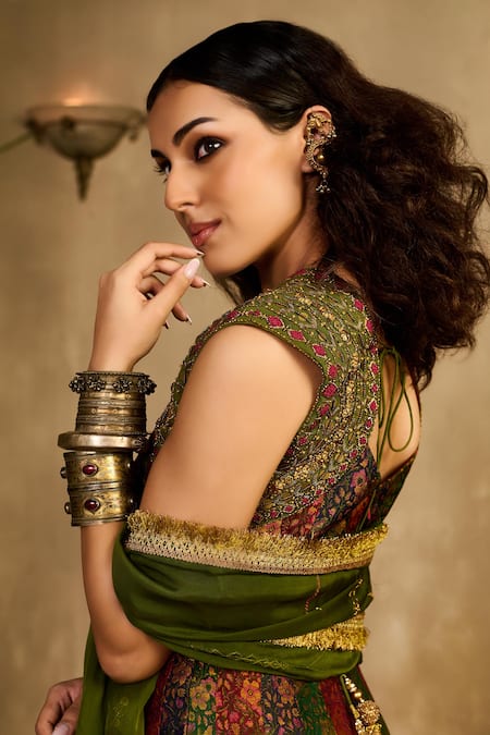 Shop Reeti Arneja Green Handloom Cotton, Silk, Organza Banjaran Floral Woven Anarkali With Dupatta at Aza Fashions Shop_Reeti Arneja_Green Handloom Cotton, Silk, Organza Banjaran Floral Woven Anarkali With Dupatta _at_Aza_Fashions