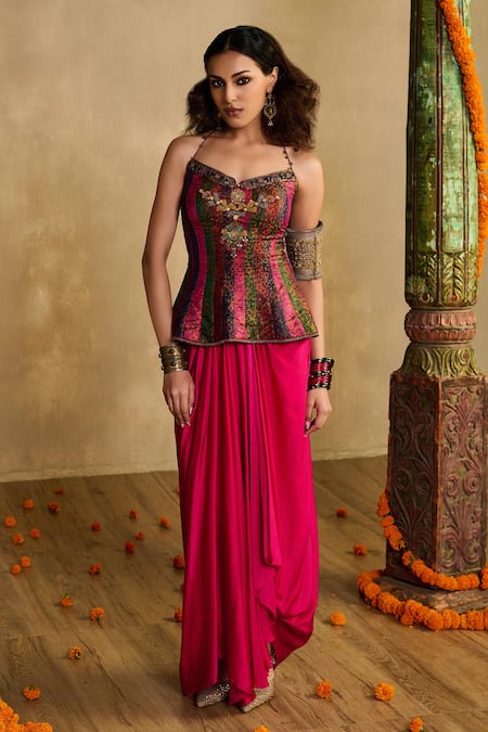 Reeti Arneja Embroidered Peplum Blouse & Draped Skirt Set 