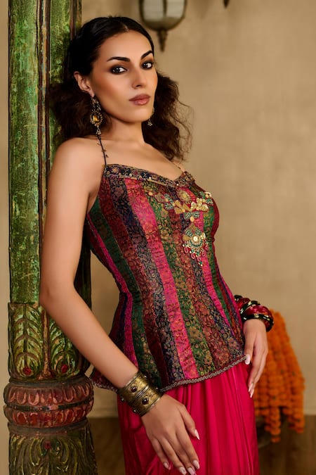 Reeti Arneja_Multi Color Handloom Cotton, Silk, Cotton, Peplum Blouse And Draped Skirt Set _Online_at_Aza_Fashions