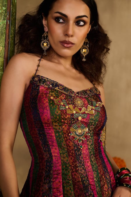 Buy_Reeti Arneja_Multi Color Handloom Cotton, Silk, Cotton, Peplum Blouse And Draped Skirt Set _Online_at_Aza_Fashions