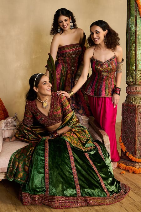 Reeti Arneja_Multi Color Handloom Cotton, Silk, Cotton, Peplum Blouse And Draped Skirt Set _at_Aza_Fashions