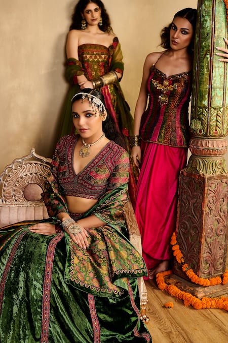 Buy_Reeti Arneja_Multi Color Handloom Cotton, Silk, Cotton, Peplum Blouse And Draped Skirt Set 