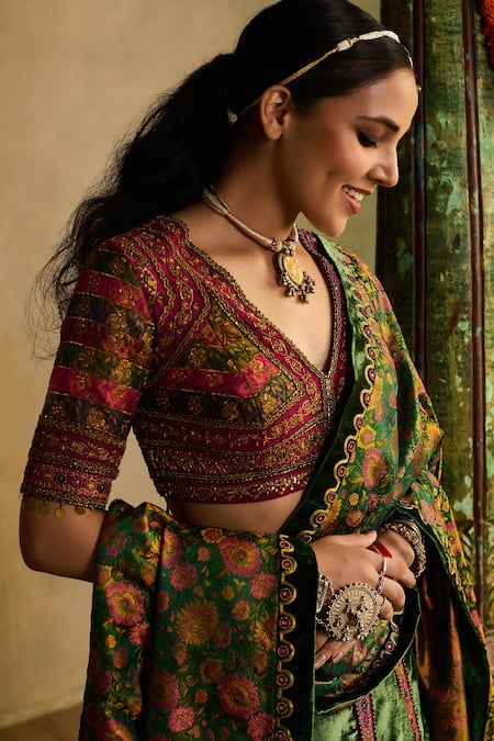 Buy_Reeti Arneja_Green Velvet, Handloom Cotton, Silk Embroidery, Zari, Haryali And Lehenga Set _Online_at_Aza_Fashions