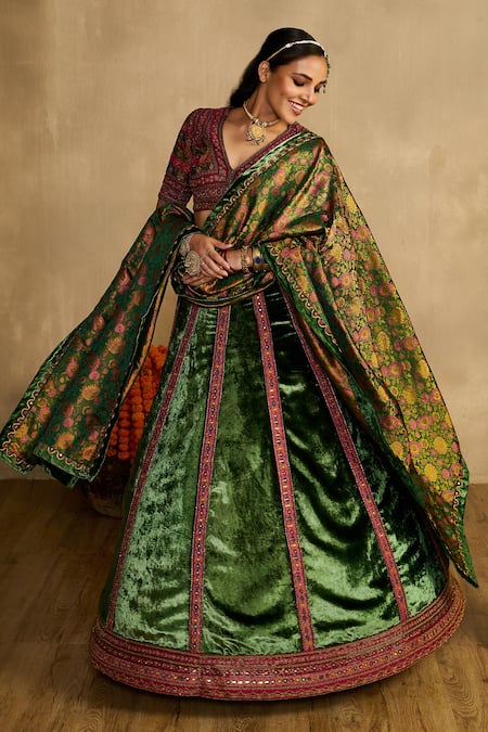 Shop_Reeti Arneja_Green Velvet, Handloom Cotton, Silk Embroidery, Zari, Haryali And Lehenga Set _Online_at_Aza_Fashions