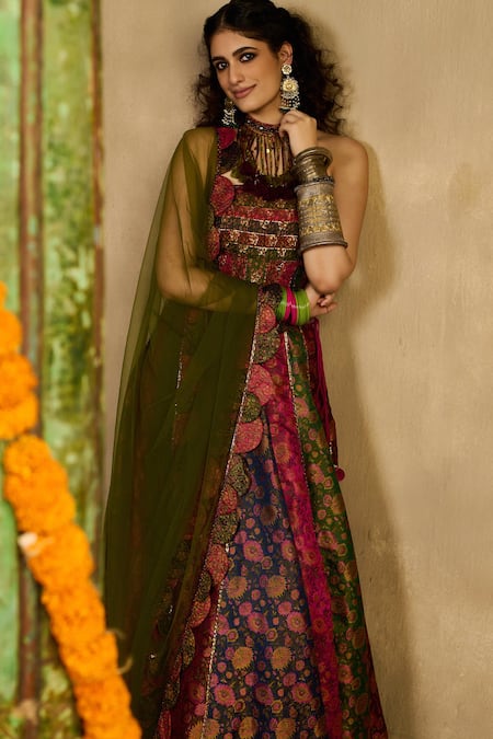 Reeti Arneja_Multi Color Handloom Cotton, Silk, Ruh Rang Brocade Floral Woven Lehenga Set _Online_at_Aza_Fashions