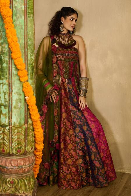 Buy_Reeti Arneja_Multi Color Handloom Cotton, Silk, Ruh Rang Brocade Floral Woven Lehenga Set _Online_at_Aza_Fashions