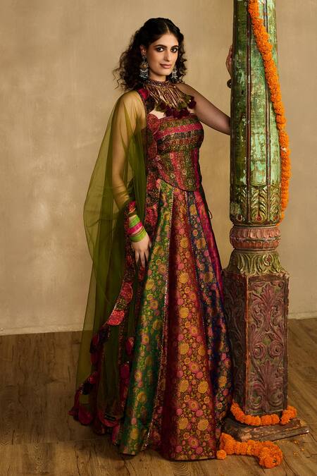 Shop_Reeti Arneja_Multi Color Handloom Cotton, Silk, Ruh Rang Brocade Floral Woven Lehenga Set _Online_at_Aza_Fashions