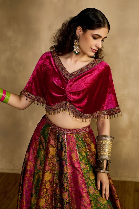Reeti Arneja Magenta Velvet, Silk, Handloom Cotton Rani Rouze Twisted Blouse And Lehenga Set Online at Aza Fashions Reeti Arneja_Magenta Velvet, Silk, Handloom Cotton Rani Rouze Twisted Blouse And Lehenga Set _Online_at_Aza_Fashions