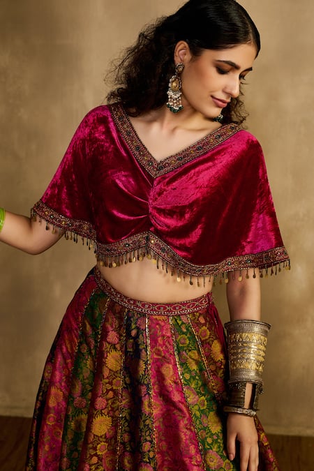 Buy Reeti Arneja Magenta Velvet, Silk, Handloom Cotton Rani Rouze Twisted Blouse And Lehenga Set Online at Aza Fashions Buy_Reeti Arneja_Magenta Velvet, Silk, Handloom Cotton Rani Rouze Twisted Blouse And Lehenga Set _Online_at_Aza_Fashions