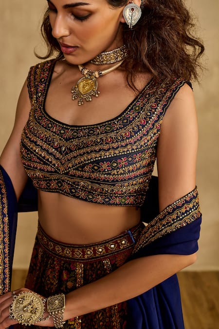 Reeti Arneja_Blue Handloom Cotton, Silk, Velvet, Organza Neel Tara Floral Blouse Lehenga Set _Online_at_Aza_Fashions
