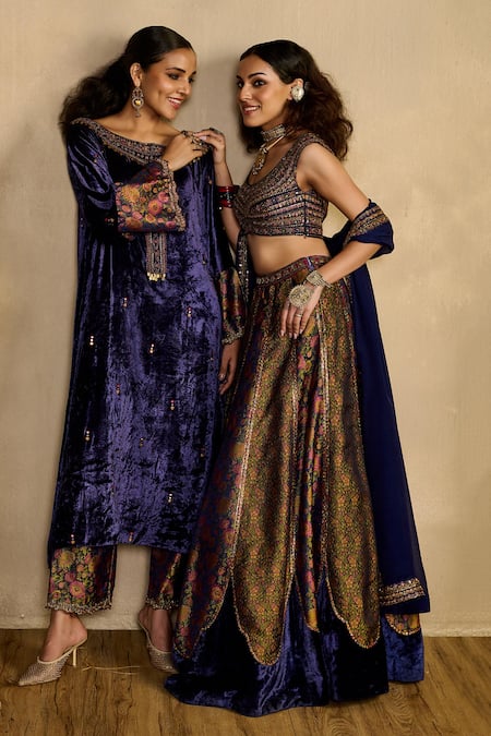 Reeti Arneja Neel Banjar Velvet Embroidered Kurta & Pant Set 